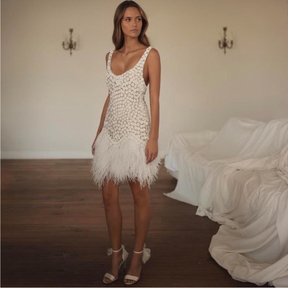 Dresses & Skirts - Ivory Beaded Feather Hem Cocktail Dress